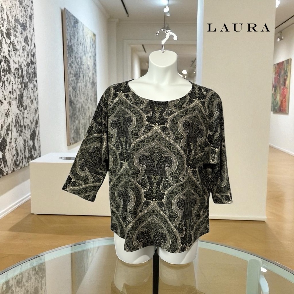 NEW, Laura, Paisley Print Top, Plus Size XXL, Black, Green & Beige
